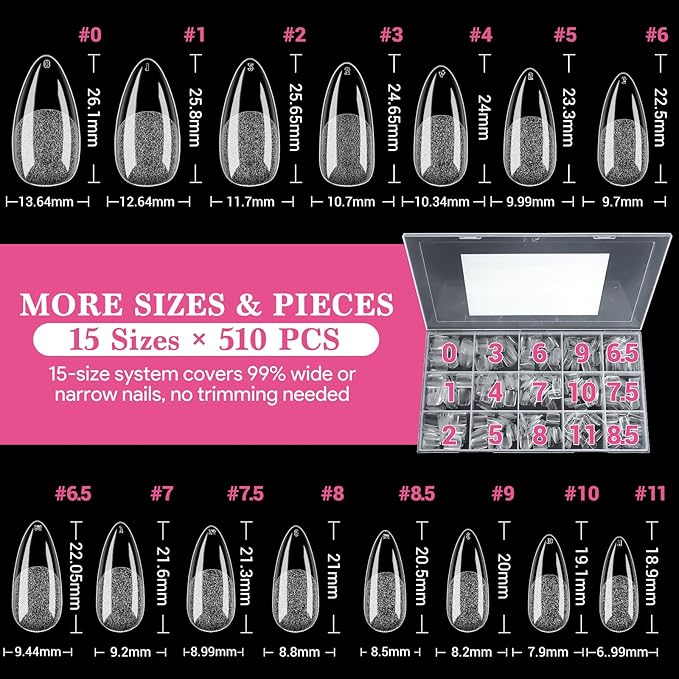 Medium Almond False Nail Tips, 15 Sizes 510 PCS Clear Soft Press On Fake Nail Pre-shaped Half Matte Full Cover Gel Nail Tips Extensions Strong Thick Long Lasting for DIY Beginners& Salon Manicure