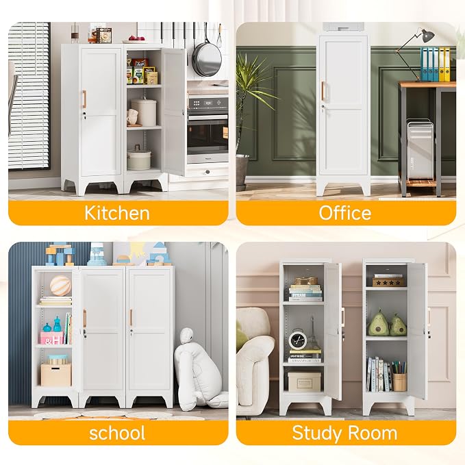 46"H White Metal Locker with 1 Lockable Door and 2 Adjustable Shelves For Employees,3 Tier Small Storage Cabinet with Detachable Legs and Vintage Handle for Kitchen, Office,School,Gym,Easy Assembly