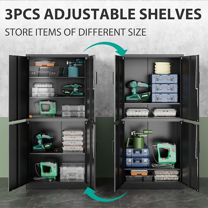 Metal Storage Cabinet with 3 Adjustable Shelves and 4 Doors,71" Garage Storage Cabinet with Lock,Black Metal Cabinets with Locking Doors,Steel Tool Cabinets,Lockable Cupboard for Home,Office,Garage
