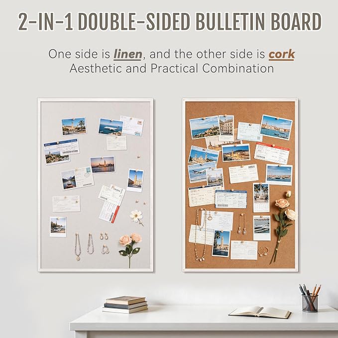 SELEAD Double-Sided Linen and Cork Bulletin Board (36”x24”, Oatmeal White) | 2-in-1 Fabric Linen & Cork Pin Board, White Wood Frame Wall Decor Photo Display Vision Board for Home Family, Office, Kitchen