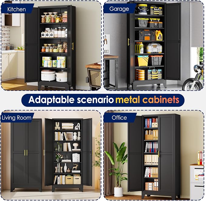 erosoei 75" H Metal Garage Storage Cabinet, Black Metal Pantry Cabinet with 2 Doors, Locker Steel Cabinet with 5 Adjustable Shelves, Freestanding Cupboard for Garage,Office,Home,Gym,School
