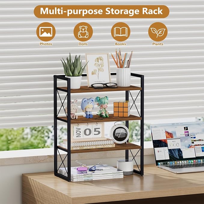 YINMIT Desk Shelf Organizer for Top of Desk with 3-Tier Open Shelves | Wood Desktop Shelf, Tabletop Shelf Storage Rack and Freestanding Display Shelf for Home Office Kitchen Dorm