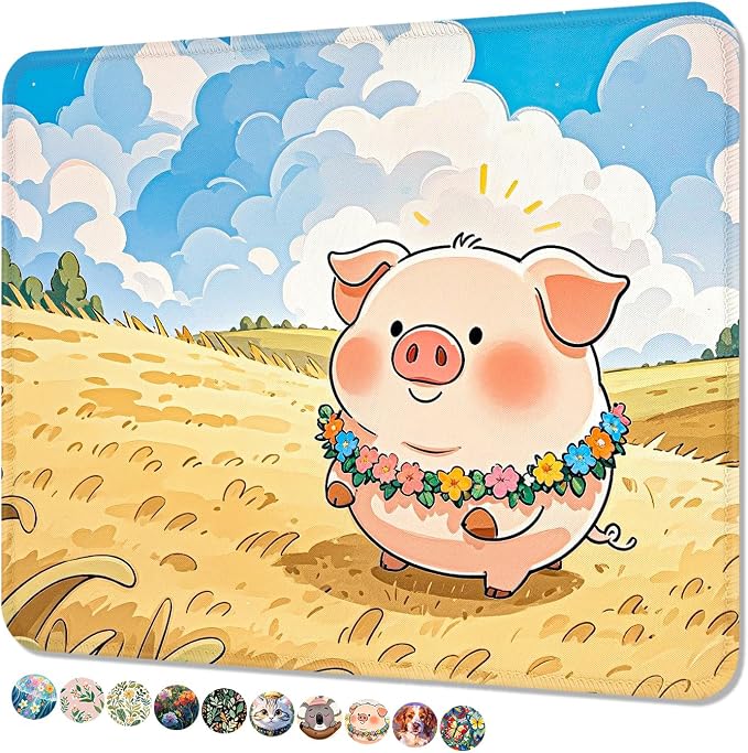 Mouse Pad, Cute Mouse Mat, 10" x 8", Flower Piggy | Square Waterproof Gaming Computer Mat, Textured Top, Stitched Edges, Non-Slip Rubber Base for Office Home Laptop Keyboard
