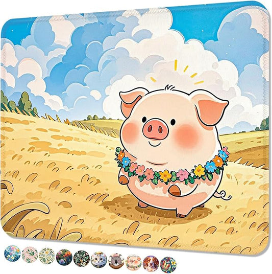Mouse Pad, Cute Mouse Mat, 10" x 8", Flower Piggy | Square Waterproof Gaming Computer Mat, Textured Top, Stitched Edges, Non-Slip Rubber Base for Office Home Laptop Keyboard