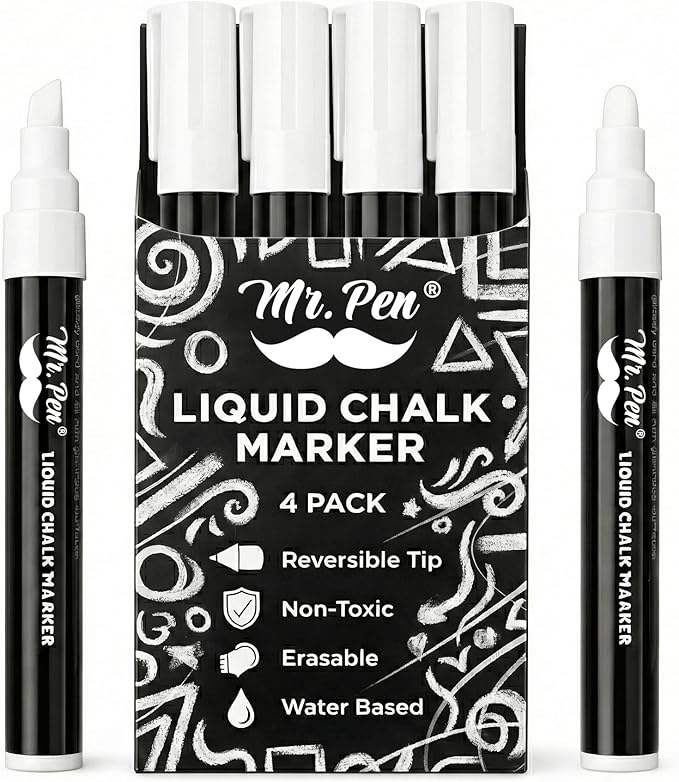 Mr. Pen- White Chalk Markers for Blackboard, 4 Pack, Reversible Tip, White Liquid Chalk Marker, Non-Toxic Liquid Chalkboard for Windows and Glass, Erasable Markers