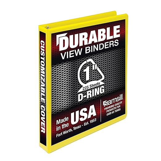 Samsill Durable 1 inch 3 Ring Binder, D Ring Binder, 100% Recycled Chipboard, Yellow