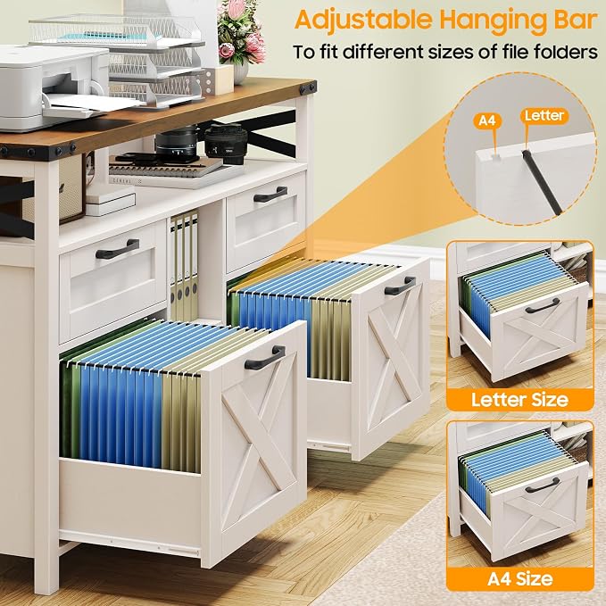 Halitaa File Cabinet with Open Storage Shelf for Home Office, Off White | Farmhouse, Lateral Filing Organization Storage Cabinets, 4 Drawers, Adjustable Shelf, Hanging Files Letter/A4