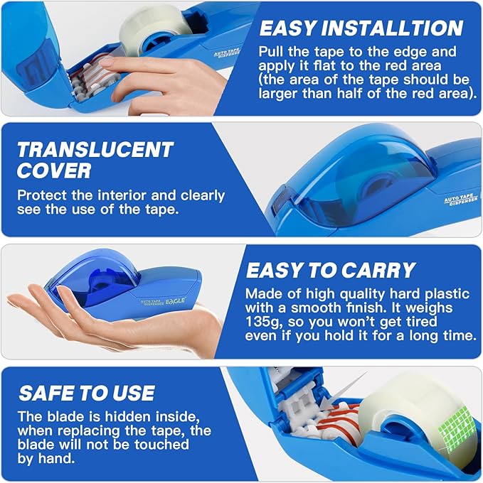 Eagle Automatic Tape Dispenser, Handheld & Portable Design, Office Tape Gun, One-Handed Operation with Safety Blade for Office, Home, DIY or Packaging (Includes 2 Free Tapes)（Blue）