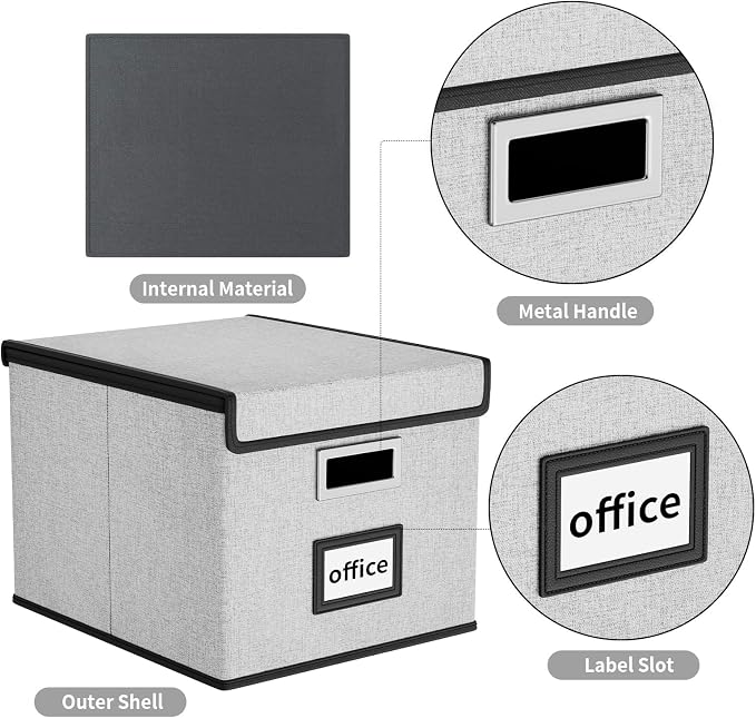 File Organizer Box with Lids, Collapsible File Folder Organizer | File Box with Plastic Slides for Office Document Storage, Filing Bin for Letter Size Hanging File Folders (2 Pack, Gray)