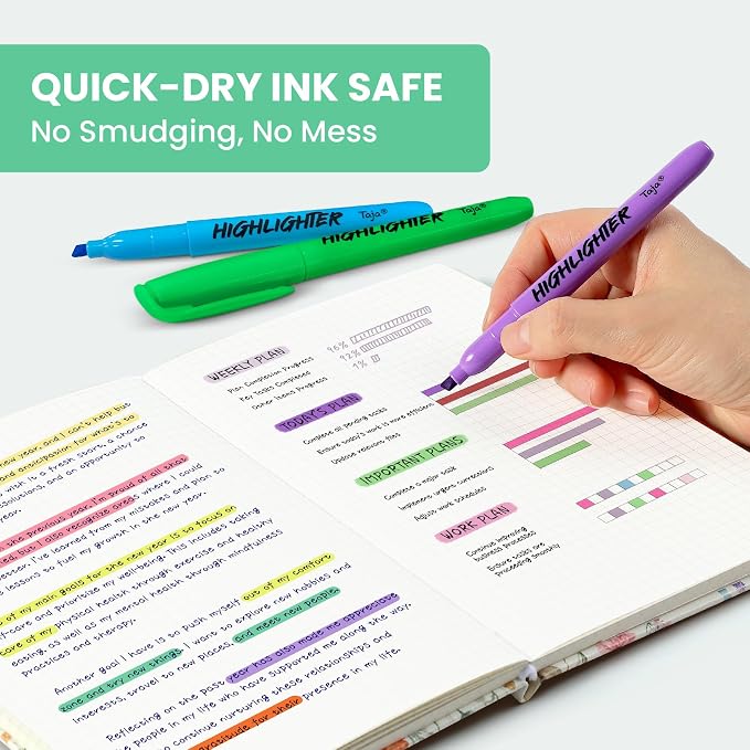 Taja 60 Pack Highlighters, Assorted 6 Colors, Chisel Tip with No Bleed Ink | Highlighters with Smooth Broad & Precise Lines, Ideal for Journaling & Note Taking, Study Essentials and Office Supplies