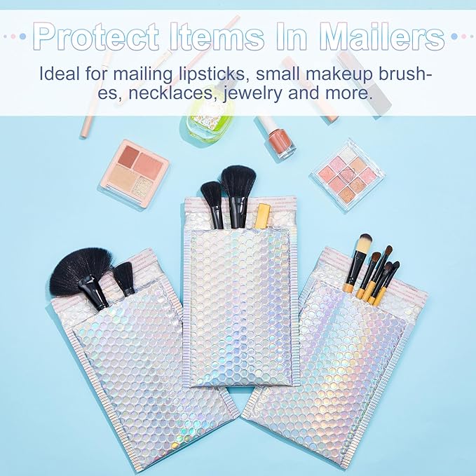 Henoyso 60 Pcs 6 x 9.5 Inch Holographic Bubble Mailers Metallic Bubble Envelopes Usable Size 5.12" x 7.87" Waterproof Self Seal Shipping Bags for Makeup Jewelry Small Business Packaging, Rainbow Color