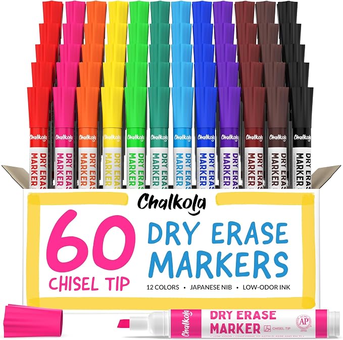 Chalkola Dry Erase Markers Bulk (60 Pack, 12 Vibrant Colors) Chisel Tip | WhiteBoard Markers, Dry Erase Pens - White Board Pens for Kids, Teachers - Home, Office, School Classroom Supplies