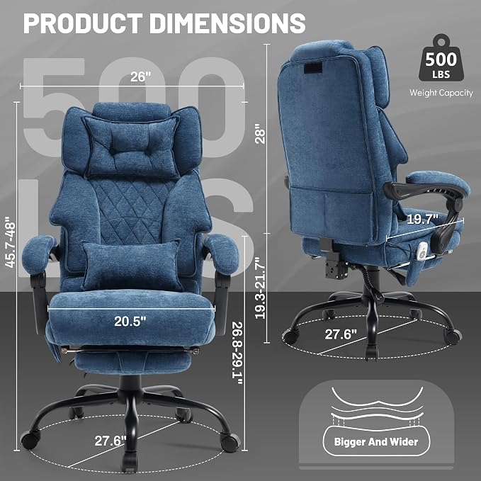 Massage Office Chair with Foot Rest,6 Points Vibration & Heat Executive Office Chairs for Heavy People,500LBS Big and Tall Office Chair,Ergonomic Reclining Desk Chair,Dual-Use Pillow,Home Office,Blue