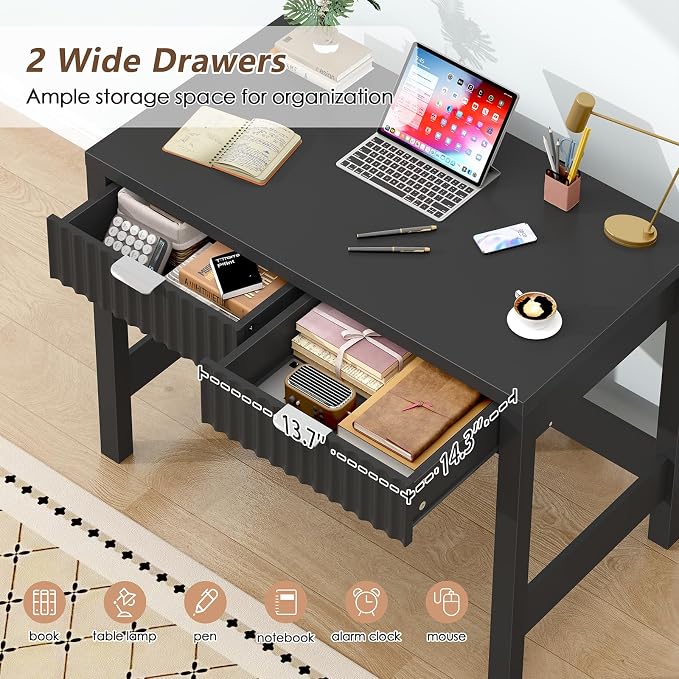 32 Inch Small Fluted Computer Desk with 2 Drawers for Bedroom, Home Office | Small Computer Desk with Drawers, Compact Writing Study Desk Storage for Small Spaces, Black
