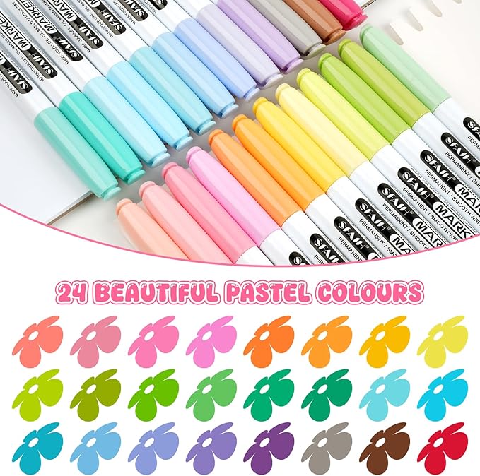 SFAIH 24 Pastel Permanent Markers - Assorted Dreamy Colors, Quick Drying, Fade Resistant, Fine Point Permanent Markers for Paper, Scrapbook, Coloring Book, Poster, Home, Art Painting, Drawing
