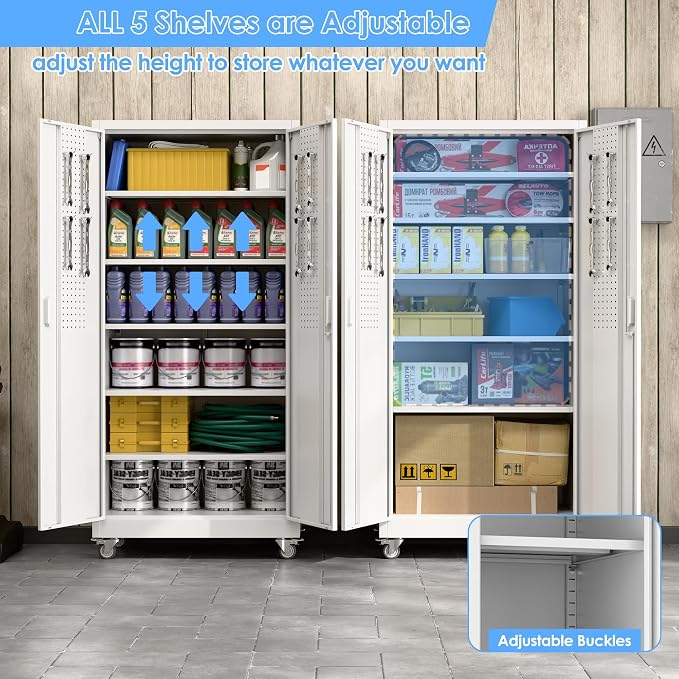 Metal Storage Cabinet with Wheels and Pegboard, 71" Tall Industrial Steel Cabinet with 5 Adjustable Shelves & Locking Doors, Rolling Garage Storage Cabinet for Office, Pantry, Home