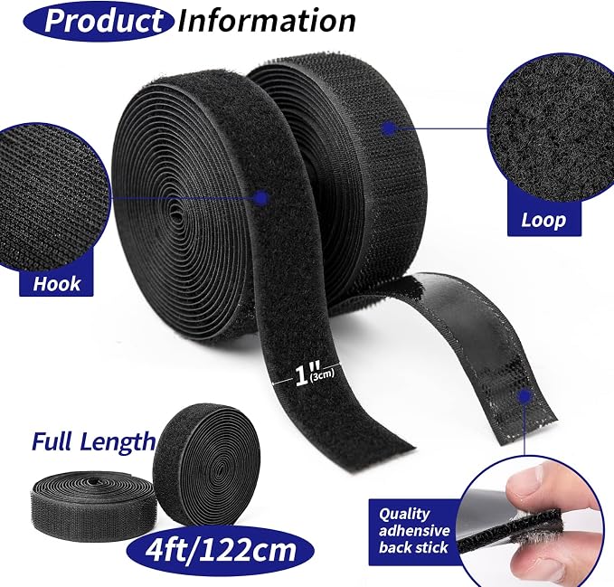 Art3d 4ft x 1 in. Hook and Loop Rolls Sticky Back, Heavy Duty | Double-Sided, Adhesive Strip, Nylon, Picture Hanging Strips Fastener for Mounting Hanging, Glass, Tile, Metal, Home, Office