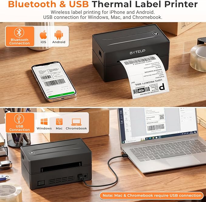 Bluetooth Thermal Shipping Label Printer, 4x6 Wireless for Business | Inkless 150mm/s 203 DPI, Intelligent Paper Return, for Phone Android Windows Mac Chromebook