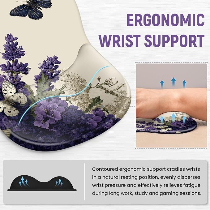 Ergonomic Mouse Pad with Wrist Rest, Gel Wrist Support, Lilac | 10.2 x 7.6 in Mouse Pad with Smooth Fabric Surface and Non-Slip Rubber Base for Office, Home, Study, and Gaming