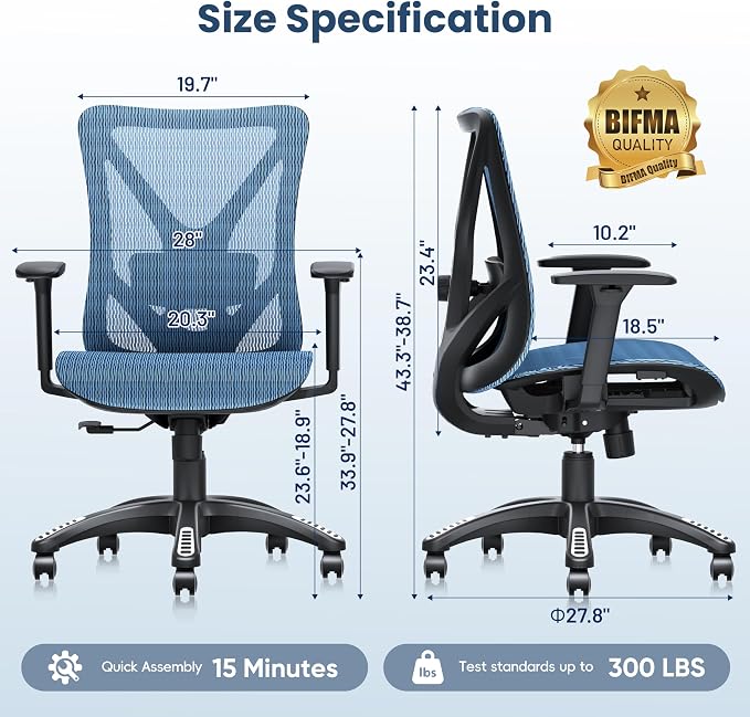 Ergonomic Office Chair, Mesh Computer Desk Chairs with Adjustable Lumbar Support, 3D Armrests, Tilt Function, Comfy Wide Seat, Swivel Executive Work Task Chair for Company and Home
