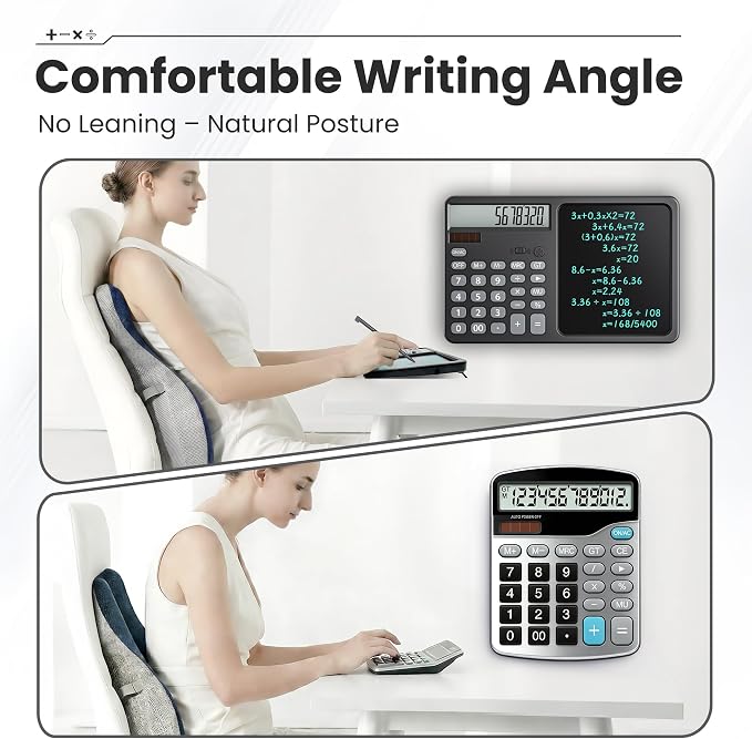 Desk Calculator with 7" LCD Writing Tablet, Stable Foldable Kickstand with Ergonomic 15° Viewing Angle, 12-Digit Large Display, Solar & Battery Dual Power, 2-in-1 Notepad Calculator -Black