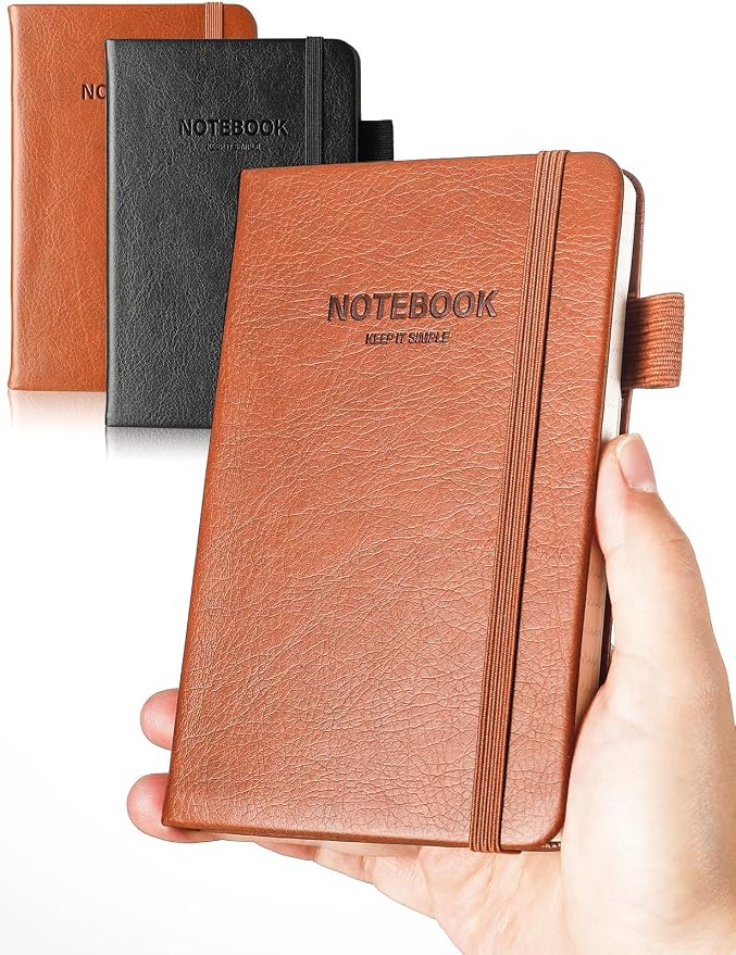 Pocket Notebook Small Notebook 2-Pack, 3.7" x 5.7" Pocket Notebooks Hardcover with Thick Lined Paper, Inner Pockets, Cover Letter Embossing Design Mini Journal Notepad Black+Brown