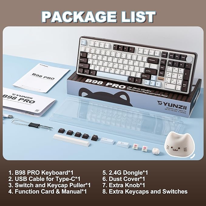 YUNZII B98 PRO 96% Wireless Mechanical Keyboard(Coffee Brown, Candy Switch) | QMK/VIA, with Numpad, Dual-Style Knob Design, Creamy Pre-Lubed Switches, Hot Swap, Gasket Mount, RGB for Gaming/Win/Mac