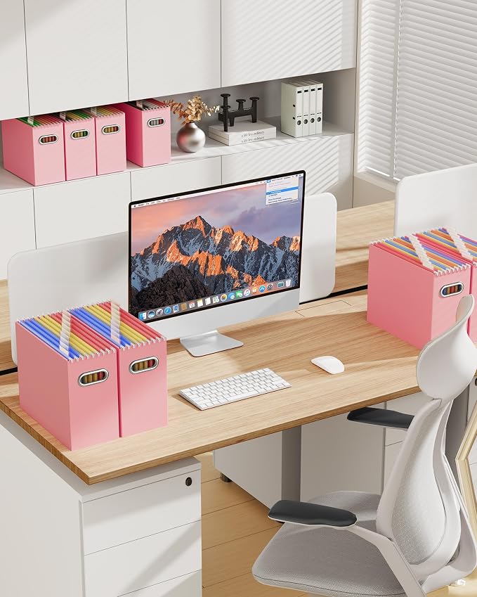 Portable Collapsible Cardboard File Box with Handle for Letter-Size | 4-Pack. Stainless Steel Handle. Label Stickers Included. Fits Letter Folders (Not Included). Home, Office, School, Dorm, Tax.