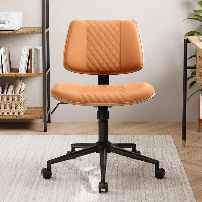 Modern Armless Office Chair with Wheels, Wide Seat Walnut, Brown | Adjustable Swivel Desk Chair with Mid Back & Tilt Function, Faux PU Leather Mid Century Modern Task Office Chair, 300LBS Cap
