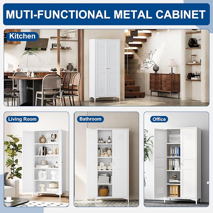 Fesbos Metal Storage Cabinet-61” Tall Steel File Cabinets with Doors and 4 Adjustable Shelves-White Steel Storage Cabinet for Home,Kitchen, School, Office, Garage