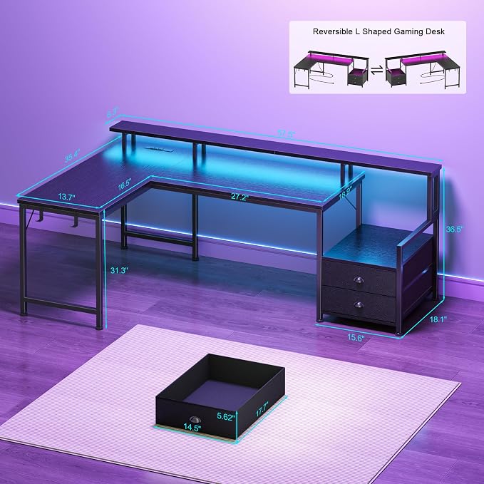 Korfile 57'' L Shaped Gaming Desk with Storage Drawers, Power Outlets, LED | Black Computer Desk with Host Stand, Reversible Corner Design for Gaming, Work, Home Office, Study Room, Bedroom