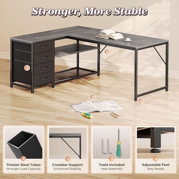 53" L Shaped Desk with Power Outlets & 4 Drawers | Reversible Computer Desk with 2 Storage Shelves, Large Corner Office Desk for Gaming Writing Work Study, Grey