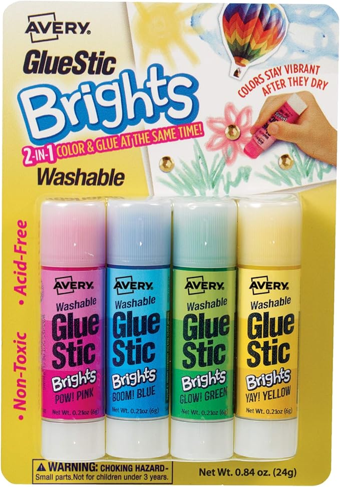 Avery Glue Stick Assorted Color Brights, Washable, Nontoxic, 0.21 oz. Permanent Glue Stic, 4pk (00102)