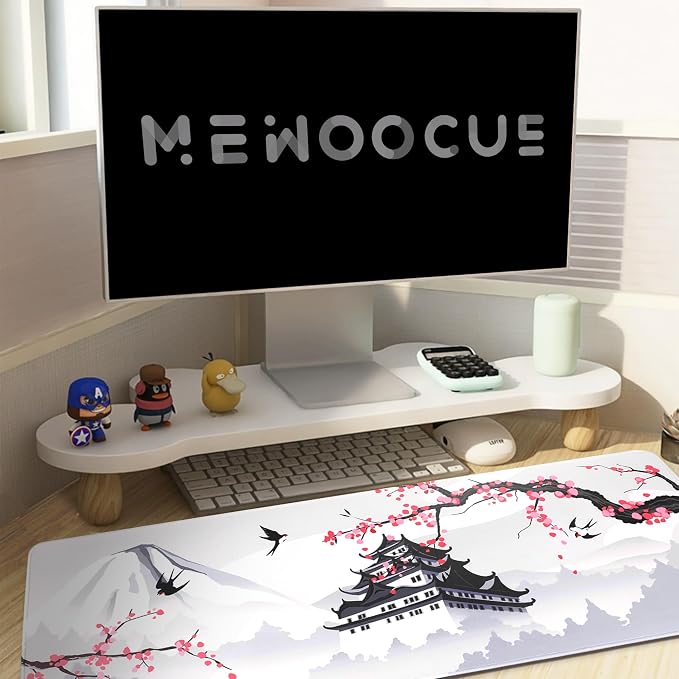 Japanese Cherry Blossom Gaming Mouse Pad 31.5x11.8in Pink Full Desk Japanese Sakura Gaming Mouse Pad Large Non-Slip Rubber Base Waterproof Big Keyboard Mat with Stitched Edges for Game Office