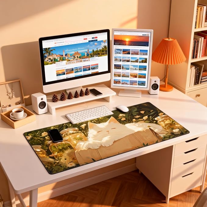 Cute Anime White Cat Gaming Mouse Pad, Forest Green Warm Healing Desk Mat with Anti-Slip Base & Stitched Edges, Computer Keyboard & Laptop Pad, 35.4" x 15.7" in in Workstation Accessories