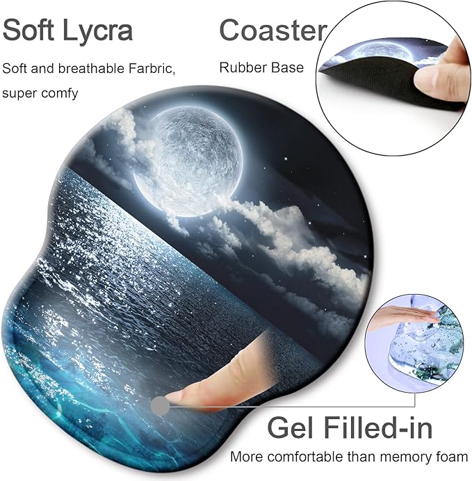 Ergonomic Mouse Pad with Wrist Support Rest,Large Mousepad Gel Wrist Rest, with Coaster Non-Slip & Pain Relief for Computer, Desk, Home&Office-Moon Ocean
