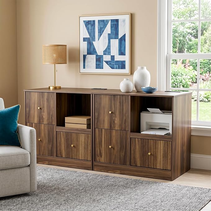 DNYN 3 Drawers Wood File Cabinet with Charging Station and Printer Stand | Vintage Fluted Lateral Filing Cabinet| For Home Office| Anti-Tipping| Fits for A4/Letter-Size Files| Pull-out Shelf
