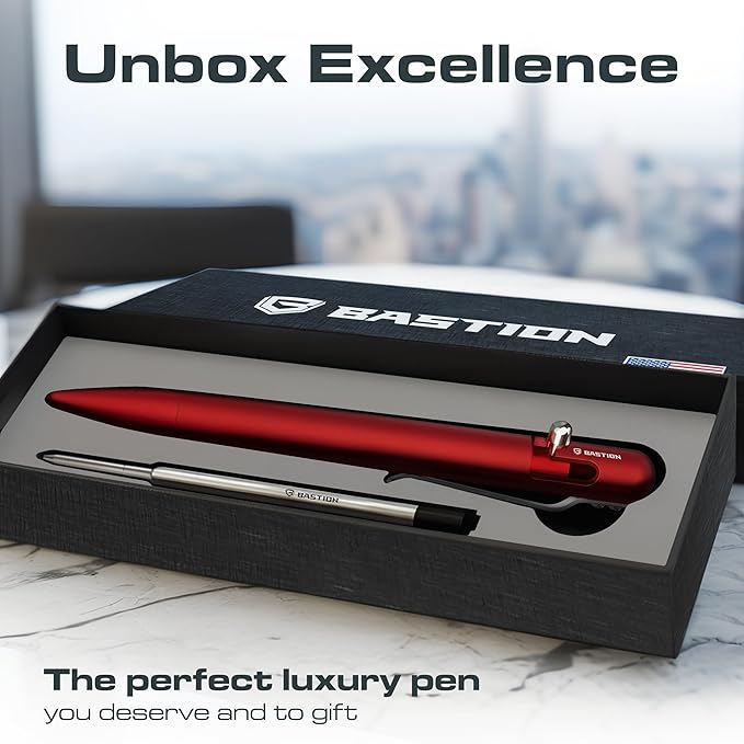 BASTION Aluminum Bolt Action Pen with Gift Case - Luxury Executive Retractable Lightweight Metal Ink Refillable Office Pocket EDC Fine Point Writing Ballpoint for Men & Women (Red)