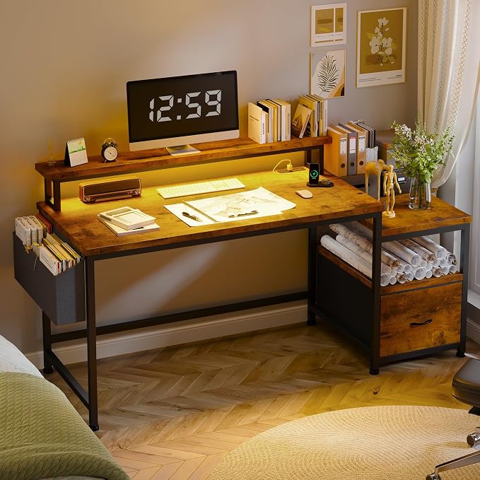 EnHomee 56.5" Office Desk with Drawers & Printer Space for Home Work,Brown | Computer Desk with 3 AC Outlets& 2 USB Ports,40"*7" Long Monitor Stand,Side Pockets with Storage Space,Home Office,Bedroom