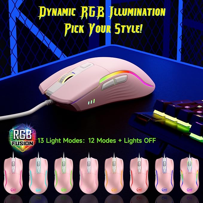 memzuoix Wired Gaming Mouse with RGB - 6 Adjustable DPI up to 12800, 6 Buttons, 12 Lighting Modes, Ergonomic Design with Anti-Slip Rubber Wheel, 5.6ft Braided Cable for PC/Mac/Windows - Pink