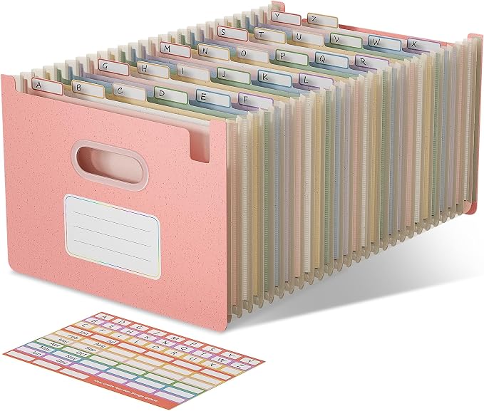 EcoStash 26 Pockets Accordion File Organizer, Upright&Open Top | Wheat Straw, 100% BPA Free, A-Z Bill Receipt Organizer, Letter/A4 Size for School Home Office Hospital - Strawberry Pink