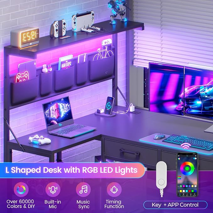 SEDETA L Shaped Gaming Desk, 47.2" Reversible Small Computer Desk with 5 Drawers and Storage Shelves, Corner Gaming Desk with LED Lights and Power Outlet, Black