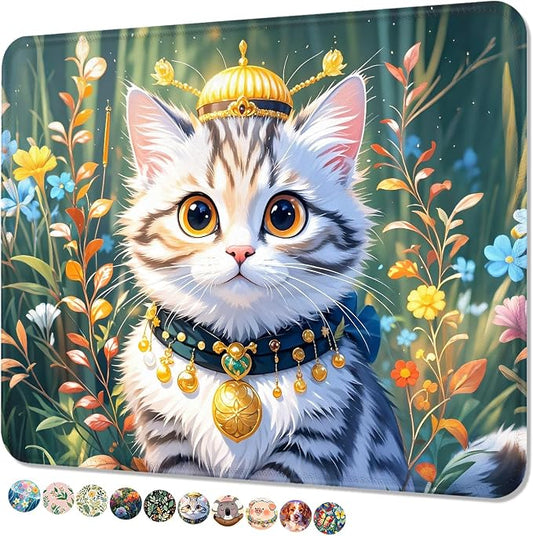 Mouse Pad, Cute Mouse Mat, 10" x 8", King Cat | Square Waterproof Gaming Computer Mat, Textured Top, Stitched Edges, Non-Slip Rubber Base for Office Home Laptop Keyboard