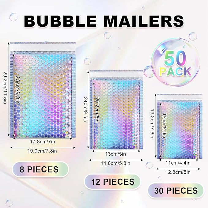 Bubble Mailers, 50 Pack Holographic Bubble Mailers with 3 Sizes, Waterproof Self Seal Adhesive Foil Glitter Glamour Shipping Bags for Mailing, Packing, Small Business, Jewelry Makeup Supplies