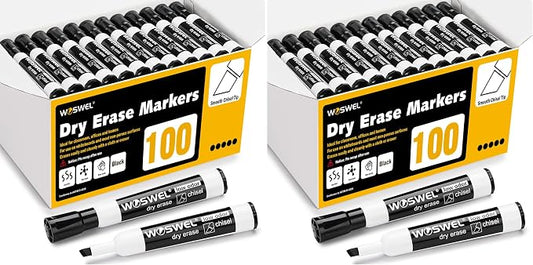 WOSWEL Dry Erase Markers Bulk, Chisel Tip Whiteboard Markers, Low Odor Thick Dry Markers, 100 Black Color for Teachers, Classroom, Office & Home Use (Pack of 2)