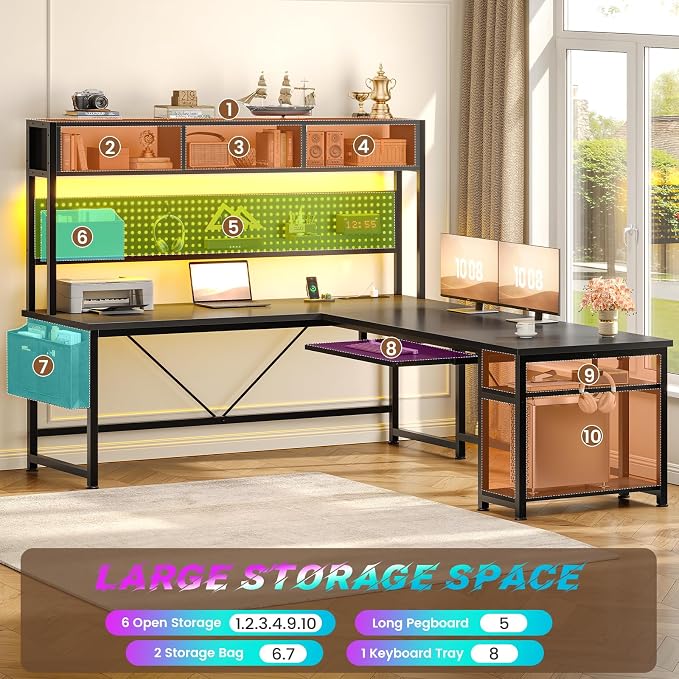 SEDETA 67" L Shaped Gaming Desk with Pegboard LED Lights and Power Outlet | Reversible Computer Desk with Keyboard Tray Hutch and Stoage Bag for Home Office, Black