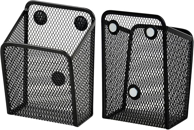 LUCYCAZ Magnetic Pen Holder,2 Pack Magnetic Pencil Locker Holder Organizer | Single Strong Magnets Mesh Marker Holder Pen Basket for Whiteboard, Refrigerator and Locker (Black)