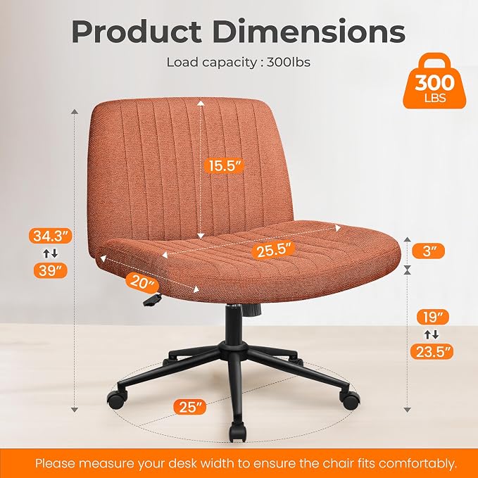 NEO CHAIR Criss Cross Chair with Wheels Armless Cross Legged Office Desk Wide Comfy Vanity Makeup Chair Adjustable Swivel Rolling Computer for Home Office Fabric (Brown) | Cross-Legged Friendly Design, Dual Base with Wheels or Pads, 360° Swivel & Heigh...