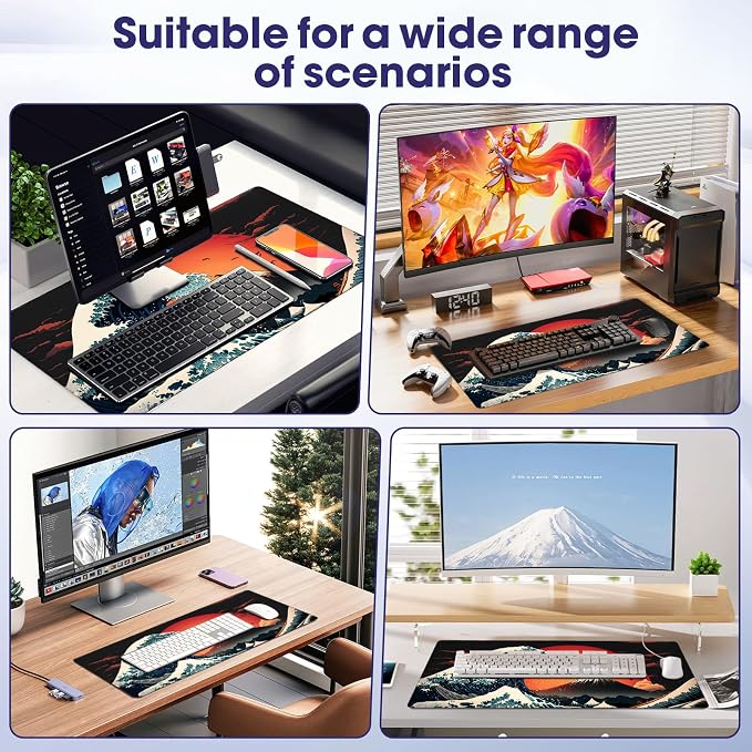 Large Extended Mouse Pad with Stitched Edges 35.4"x15.7" - Waterproof Desk Mat, Non-Slip Rubber Base for All-Desk Coverage, Perfect for Gaming Office Home, Moon Wave