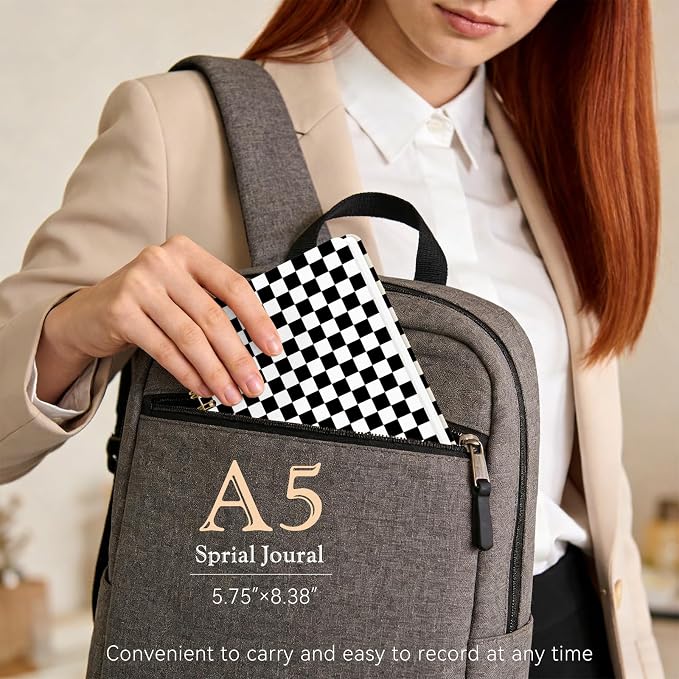 Lined Spiral Journal Notebook for Work,160 Pages,Black and White Checkered | A5 College Ruled Spiral Journal for Women, Hardcover with Elegant Design for Note-Taking, 5.5 * 8.25 inch